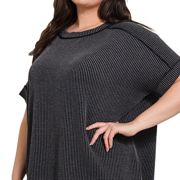 Zenana Plus Corded Rib Cuff Sleeve Raw Edge Top Charcoal - Picture 4 of 5